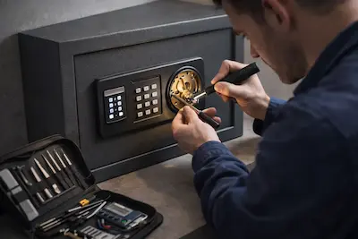 Cerrajero trabajando en una caja fuerte